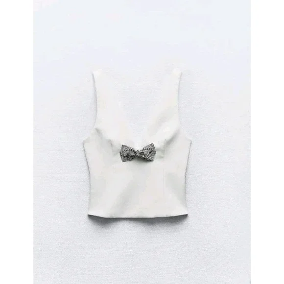Zara Jeweled Bow Deep V Sleeveless Top White Size M NWOT - Picture 9 of 13